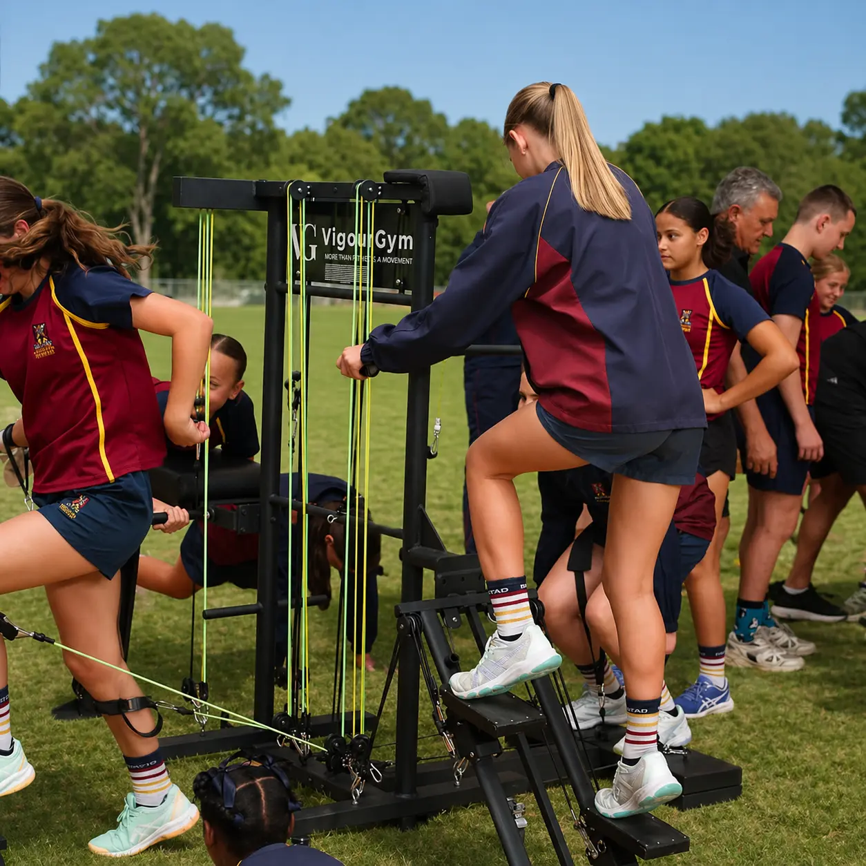 Students training together on VigourGym resistance equipment outdoors